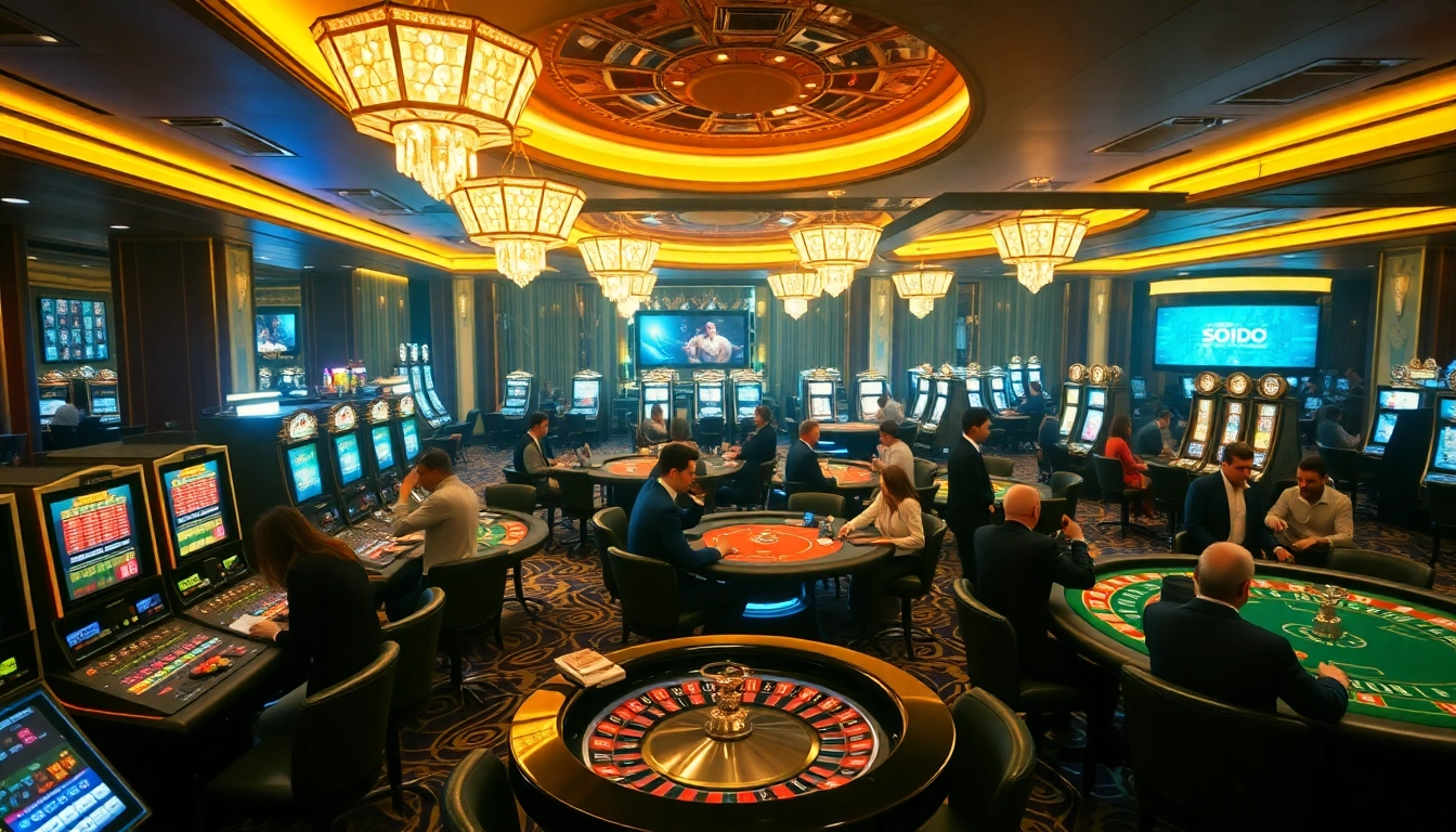 Excited players engaging in casino games at SODO, featuring vibrant roulette tables and slot machines.