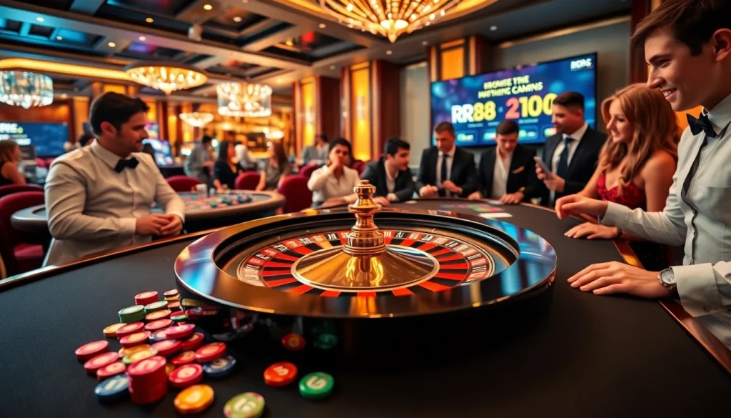 Engaging scene of rr88 kjc players celebrating wins at a luxury casino table.