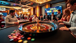 Engaging scene of rr88 kjc players celebrating wins at a luxury casino table.