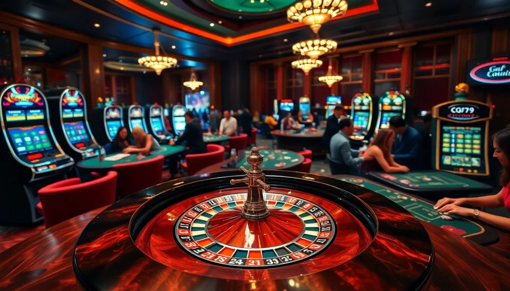 Hoạt động cá cược với cảnh casino sống động, bàn roulette và các chip poker theo chủ đề cg79.