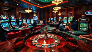 Hoạt động cá cược với cảnh casino sống động, bàn roulette và các chip poker theo chủ đề cg79.