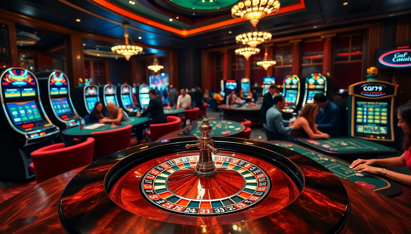 Hoạt động cá cược với cảnh casino sống động, bàn roulette và các chip poker theo chủ đề cg79.