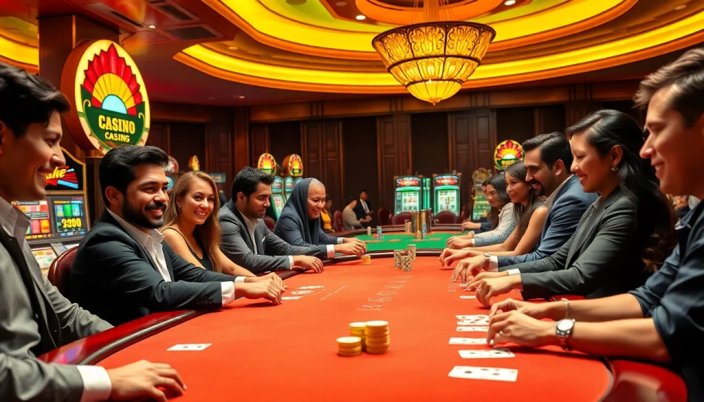 K9K9 casino scene showcasing vibrant gameplay with poker tables, slot machines, and excited players.