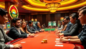 K9K9 casino scene showcasing vibrant gameplay with poker tables, slot machines, and excited players.