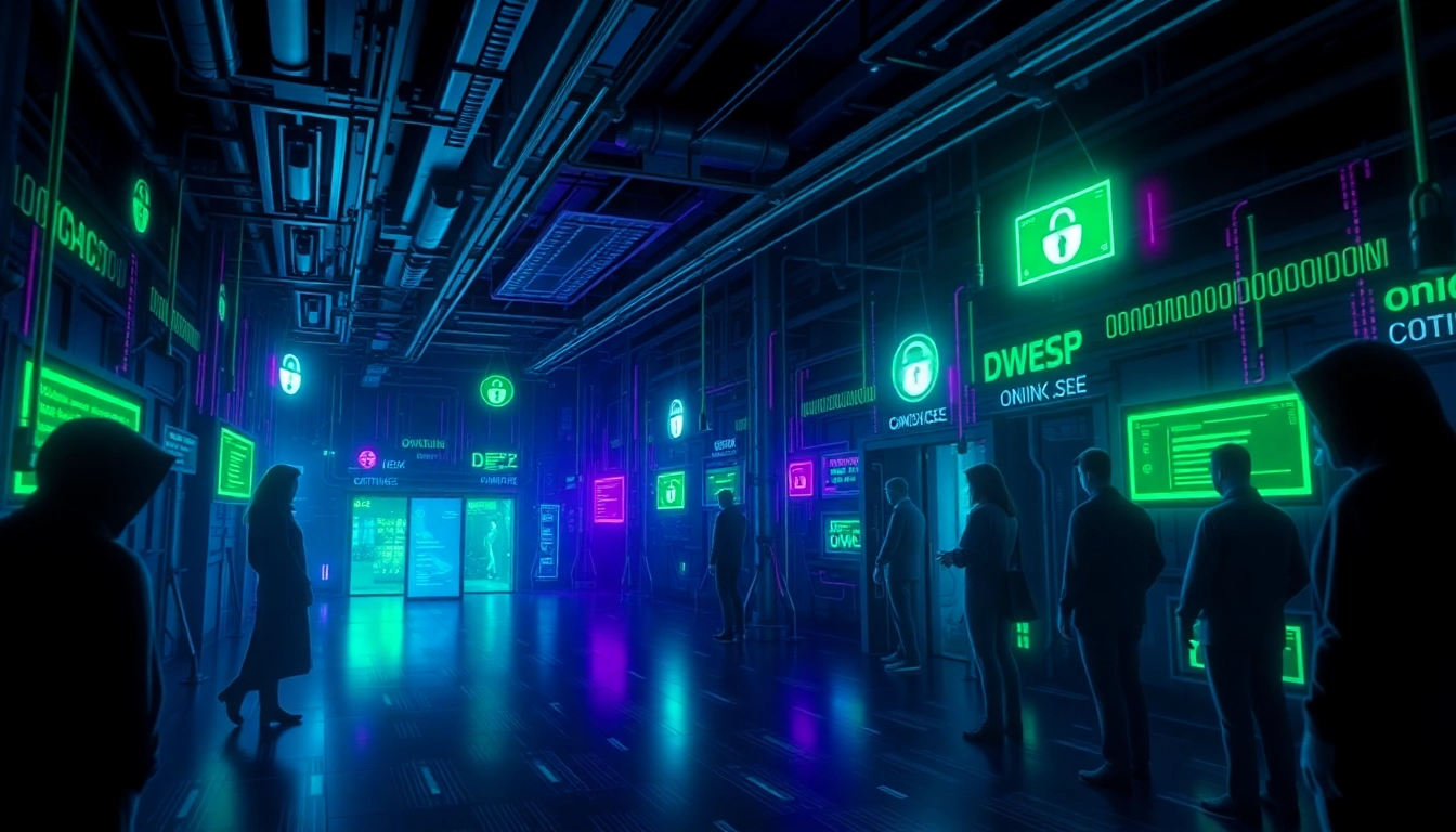 The hidden wiki represented in a vibrant dark web environment featuring glowing .onion links, highlighting anonymity and security.