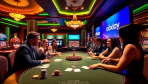 Players enjoying the oxplay casino experience with vibrant slot machines and roulette tables.