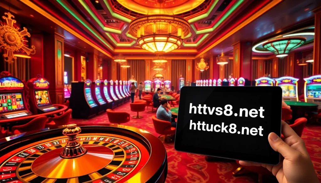 Một cảnh casino đầy hồi hộp mô tả người chơi tại các bàn cược, đồng thời làm nổi bật các tính năng trực tuyến của https://luck8.net.