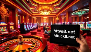 Một cảnh casino đầy hồi hộp mô tả người chơi tại các bàn cược, đồng thời làm nổi bật các tính năng trực tuyến của https://luck8.net.