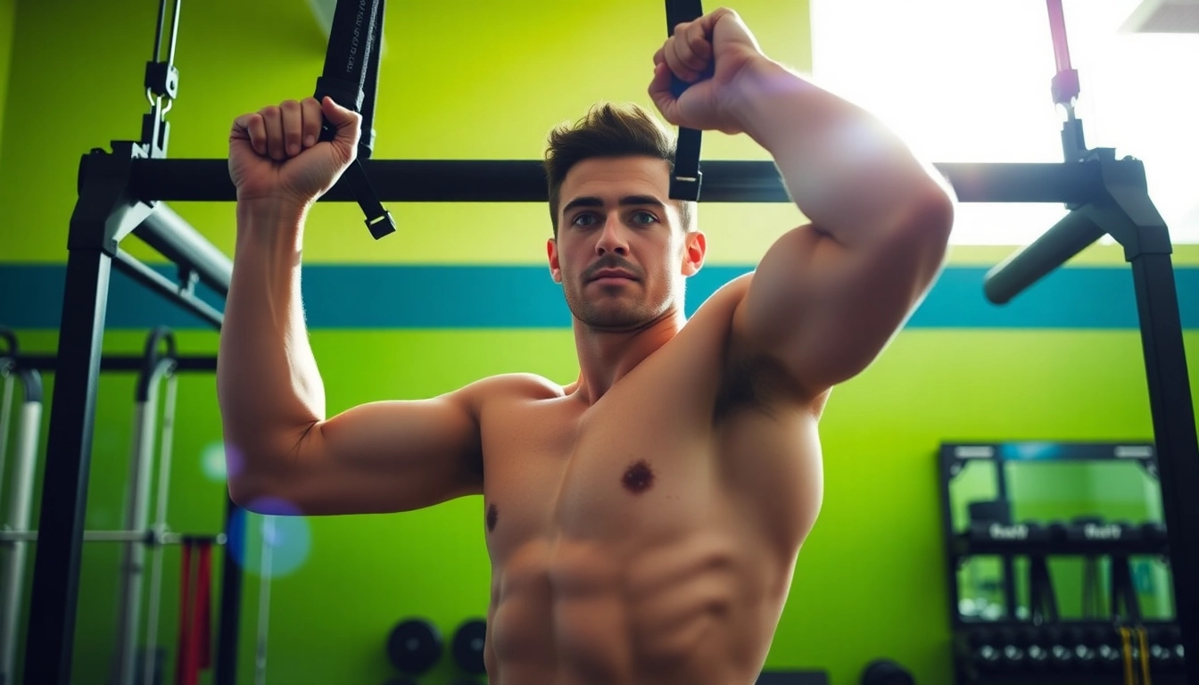 Person using assisted pull-up bands in a bright fitness studio setting.