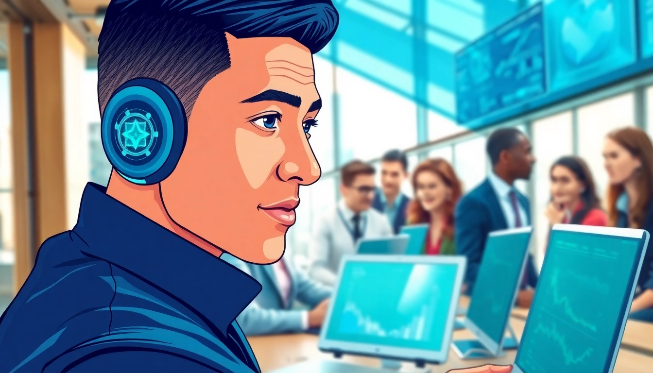 AI Employee collaborating in a contemporary office, showcasing teamwork and innovation.