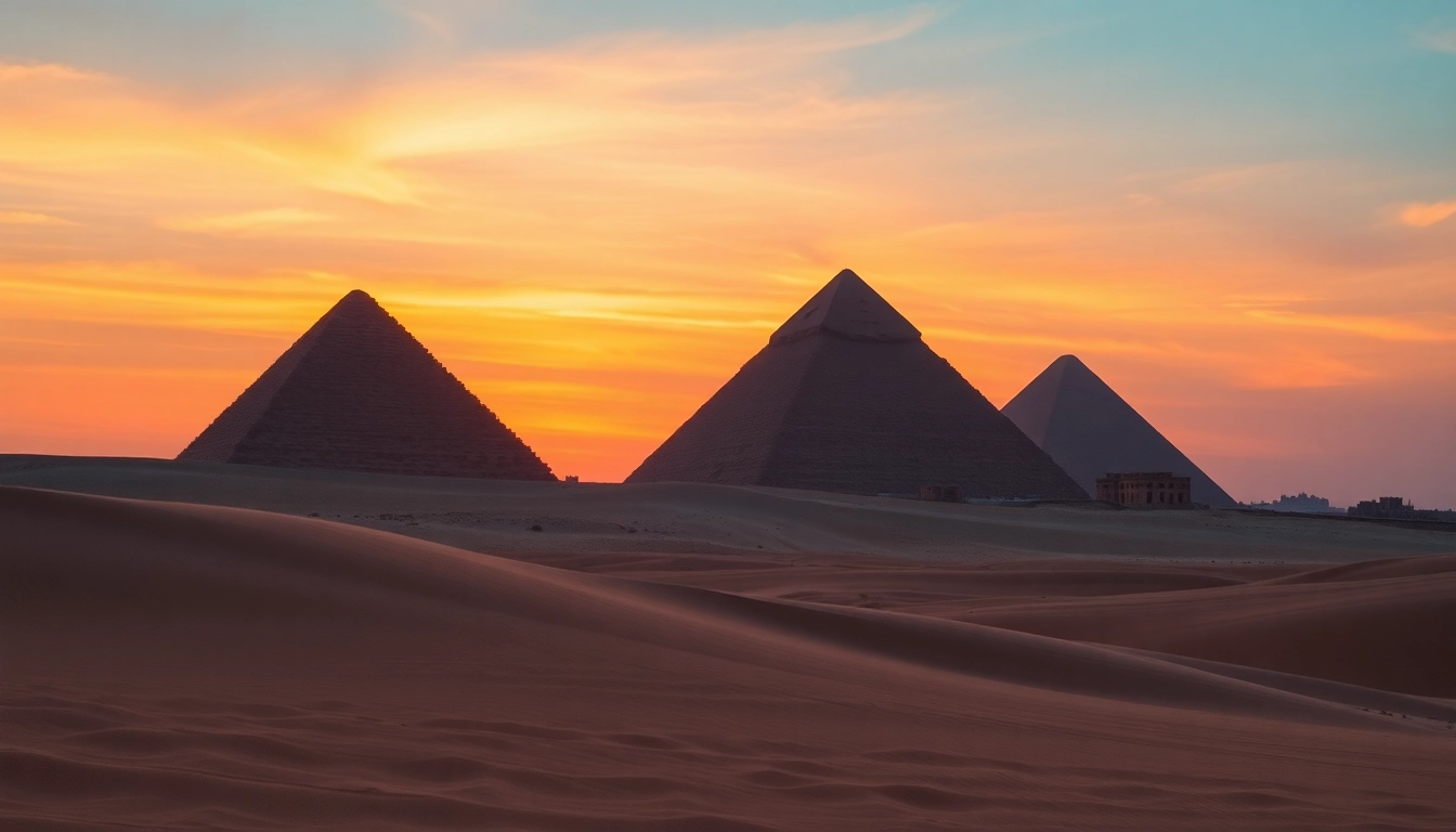 A breathtaking view of the piraminds against a stunning sunset at Giza.