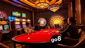 Experience high-stakes gaming at go8's luxurious casino with vibrant slot machines and a lively poker atmosphere.