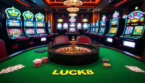 Cảnh sòng bạc LUCK8 đầy phấn khích với chip cược, bài và bánh xe roulette.