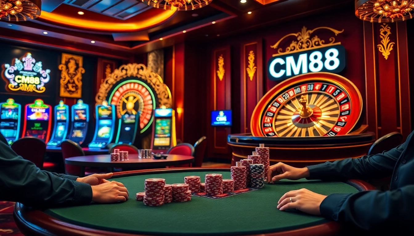 Experience the thrill of CM88 at a luxury casino gaming table with vibrant poker chips and a roulette wheel.