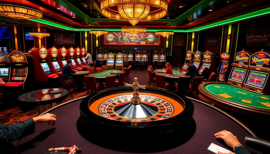 K9K9 casino environment with roulette wheel and active poker tables showcasing lively gambling action.