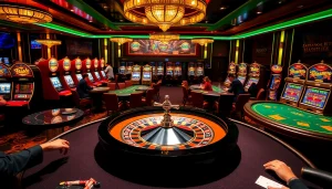 K9K9 casino environment with roulette wheel and active poker tables showcasing lively gambling action.