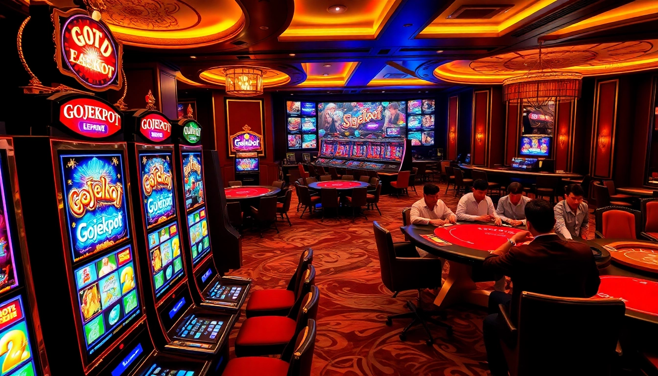 A thrilling casino scene showcasing gojekpot slot machines and casino tables filled with excited gamblers.