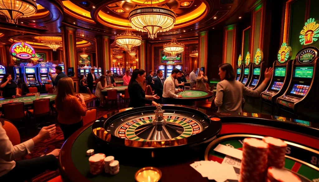 K9K9 casino showcases players at a roulette table vibrant with excitement, gaming chips, and glowing slot machines.