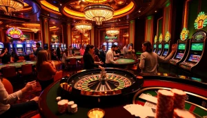 K9K9 casino showcases players at a roulette table vibrant with excitement, gaming chips, and glowing slot machines.