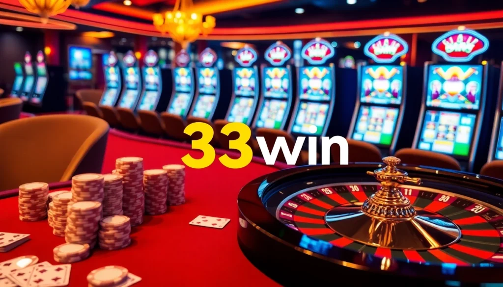 Engage in thrilling casino action at 33win with vibrant poker chips and a glamorous roulette wheel.