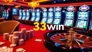 Engage in thrilling casino action at 33win with vibrant poker chips and a glamorous roulette wheel.