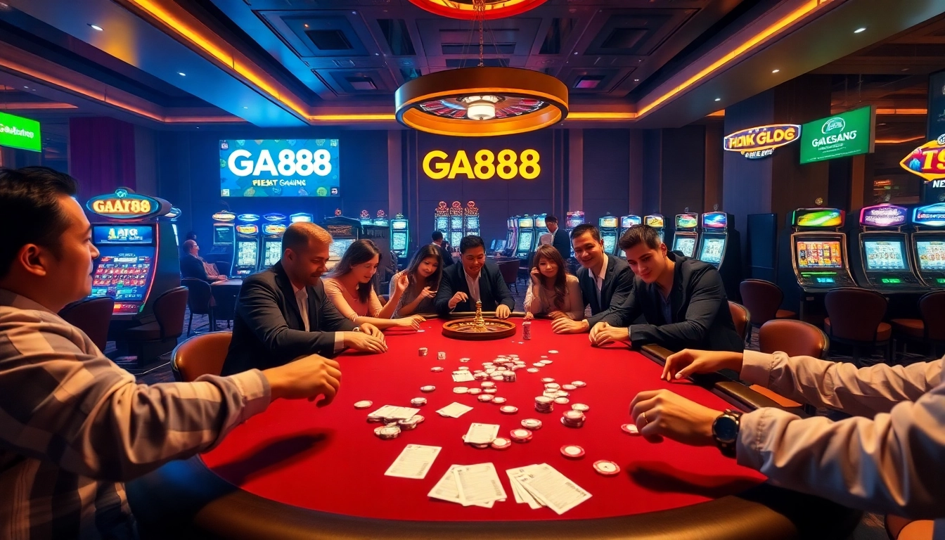 Exciting casino scene with players at GA888 poker table and flashing slot machines.