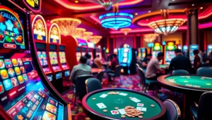 Pemain menikmati pengalaman bermain slot deposit pulsa yang mendebarkan di suasana kasino yang penuh warna.