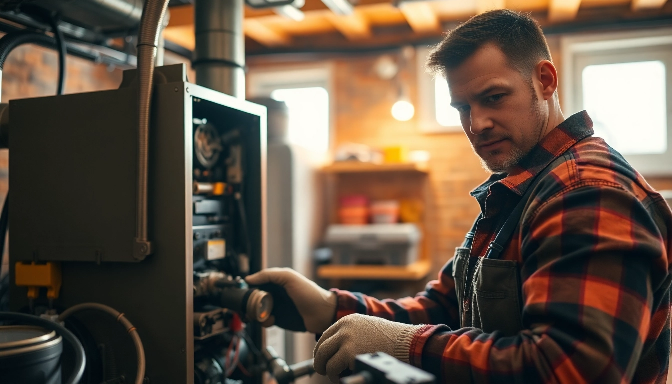 Heating repair pound ridge technician fixing a furnace in a well-organized basement.