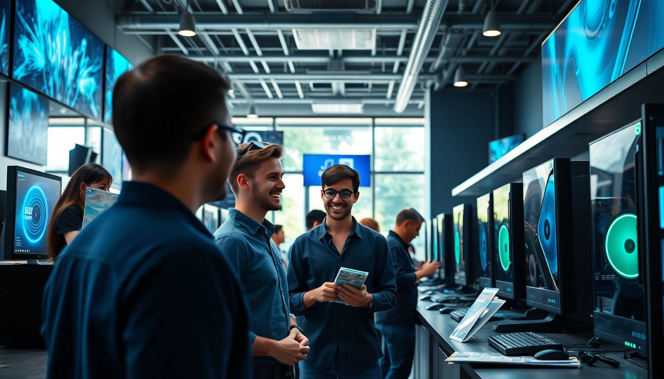 Belebte Szene, in der Menschen ihre PCs in einem modernen Computerladen verkaufen, PC-Verkauf im Fokus