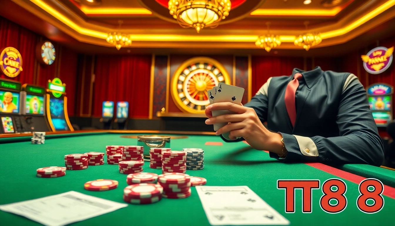 Compete in a high-stakes poker game featuring TR88 chips and luxurious casino ambiance.