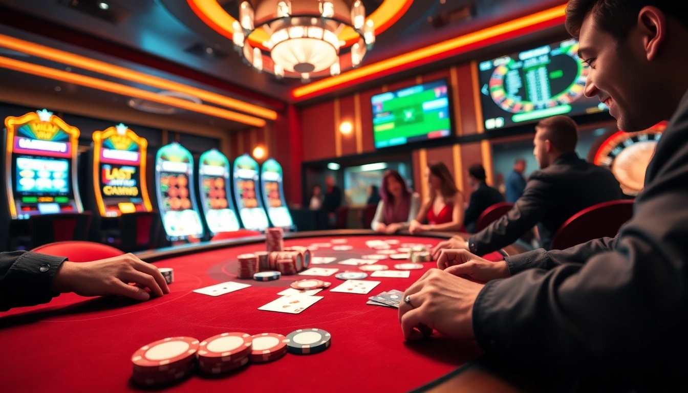 Experience excitement at https://thabet.vegas/ with players at a luxurious poker table surrounded by vibrant casino elements.