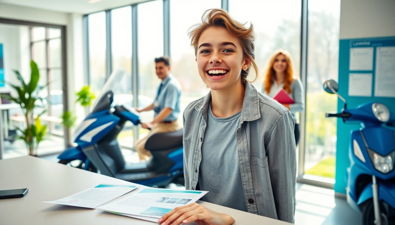 Scooter rijbewijs kopen celebration in a modern office with vibrant colors and joyful atmosphere.