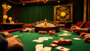 Haywin poker table scene featuring vibrant chips and engaged players at a casino.