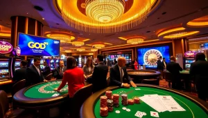 Gamblers enjoying an electric atmosphere at the GO99 casino, with vibrant slot machines and table games.