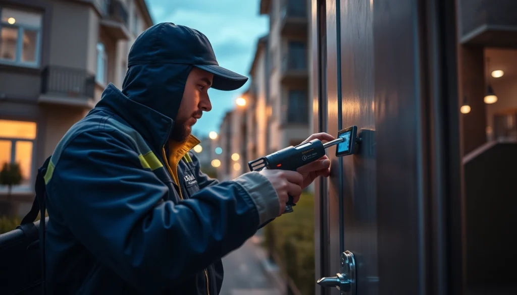 Experte des Schlüsseldienstes Speyer führt nachts eine schadensfreie Türöffnung durch.
