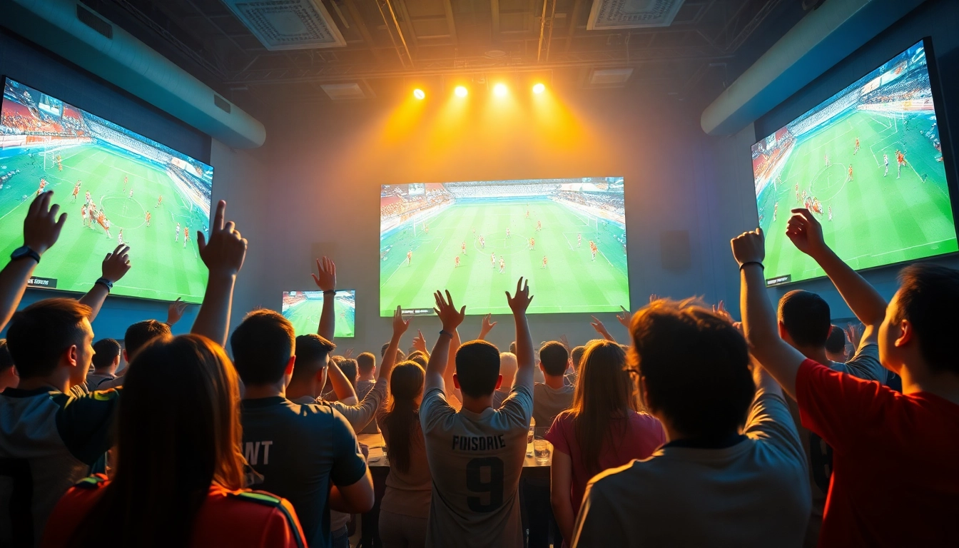 مشجعون متحمسون يشاهدون مباريات كورة لايف الحية على الشاشات، يحتفلون بالأهداف معاً.