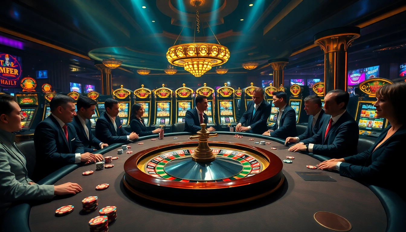 Engaged players enjoying a high-stakes game at b52club casino, surrounded by vibrant lights and poker chips.