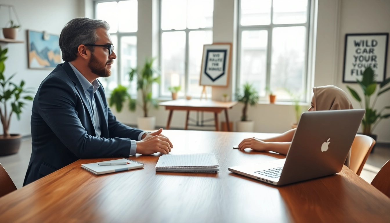 Engaging business coach near me mentoring a client in a vibrant office setting.