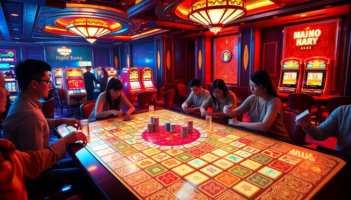 Play mahjong ways 2 with vibrant tiles and excited players at a lively casino table.