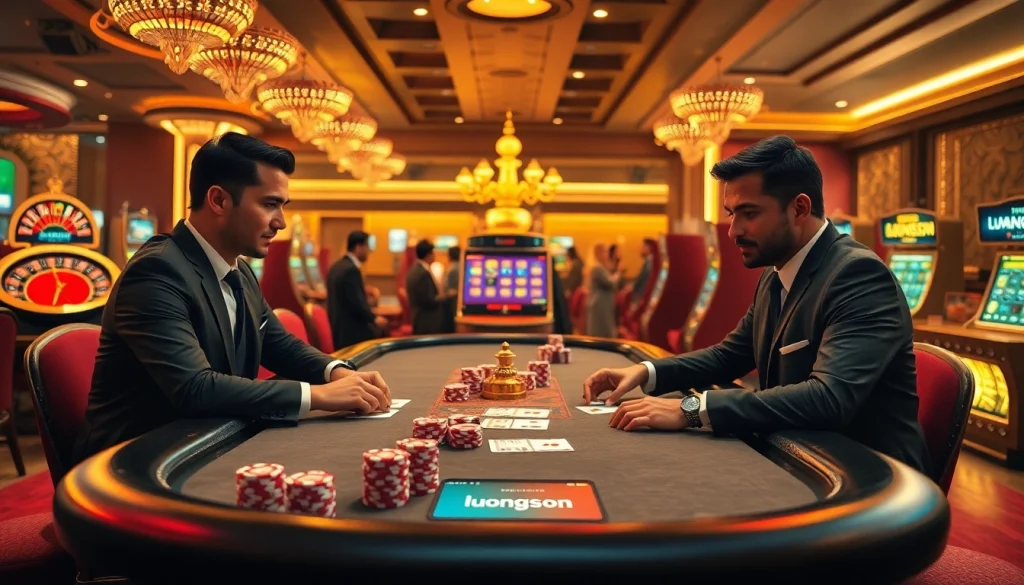 Gambling excitement at a poker table featuring luongson elements and high-stakes chips in a luxurious casino.