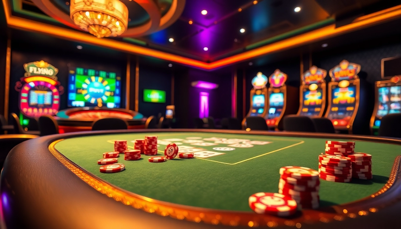 Experience thrilling games at FLY88 trang chủ with exciting casino visuals and vibrant decorations.