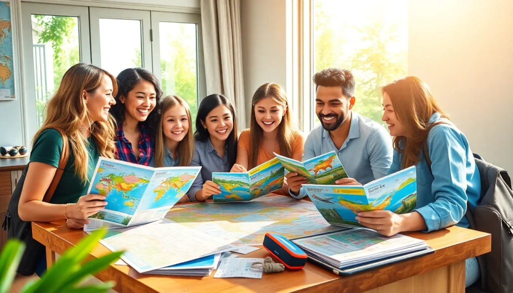 明るく歓迎される雰囲気の空間で HIS クーポンを使い冒険を計画する旅行者のグループ。