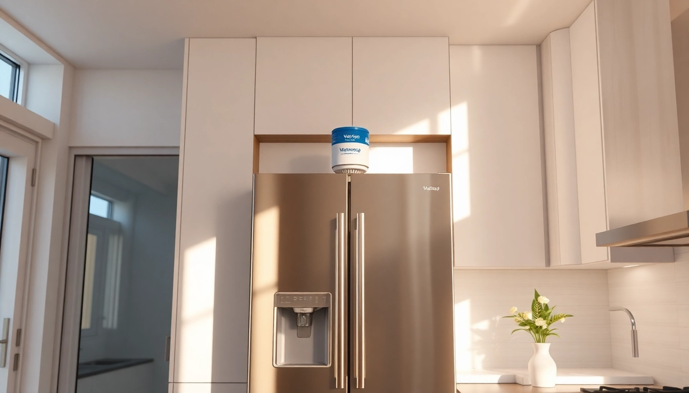 Waterdrop DA29-00020B Refrigerator Water Filter displayed in a modern kitchen setting, showcasing its sleek design and functionality.