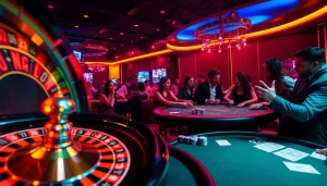 Exciting gambling scene with players at tables, showcasing https://vaoluoitv.it.com live sports betting experience.