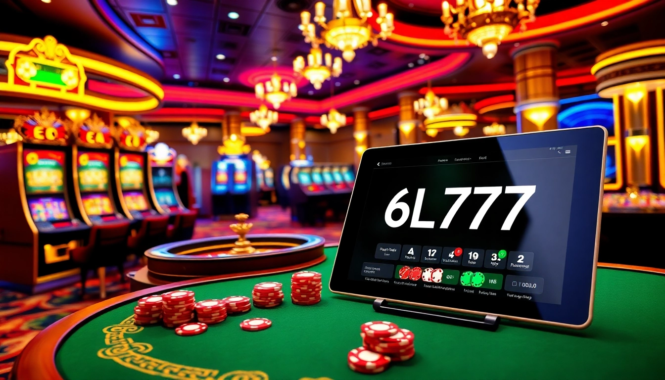 Exciting players at 6L777 casino table with vibrant poker chips and slot machines enhancing the atmosphere.