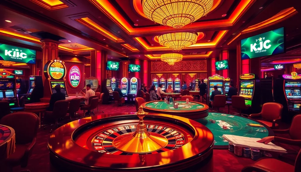 KJC gaming excitement with bustling casino tables, vibrant slot machines, and engaging players.