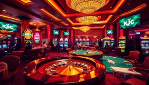 KJC gaming excitement with bustling casino tables, vibrant slot machines, and engaging players.