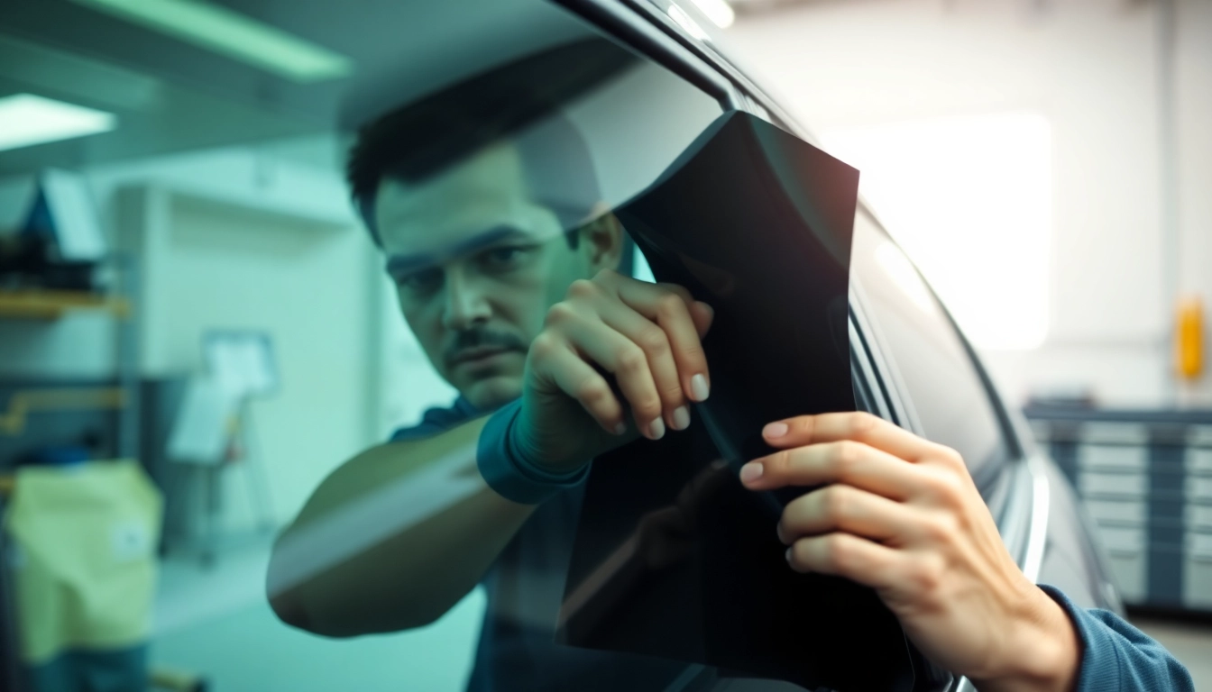 Apply window tint near me using skilled technicians for optimal results in a bright, organized garage.