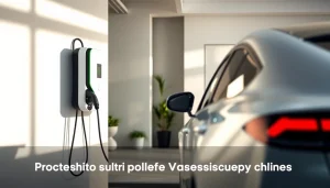 Showcasing the QIAO EV charger plugged into an electric vehicle in a modern garage setting.