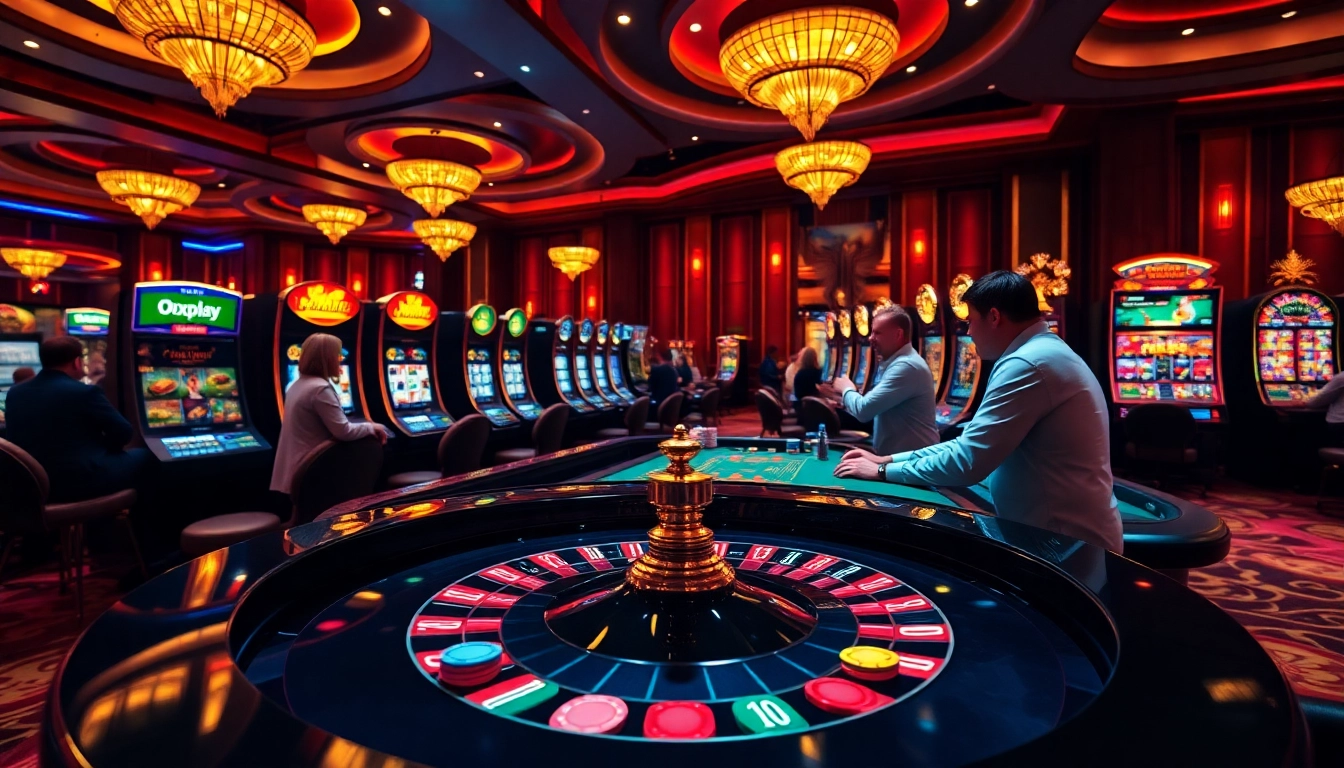 Engaging gameplay at an oxplay casino with roulette, poker chips, and lively players.